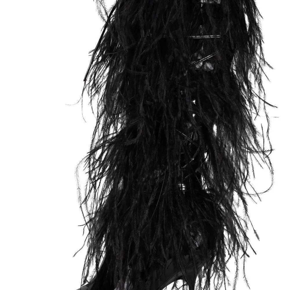 JEFFREY CAMPBELL SHAKE YA OSTRICH FEATHER BOOTS NEW BLACK - Picture 6 of 11